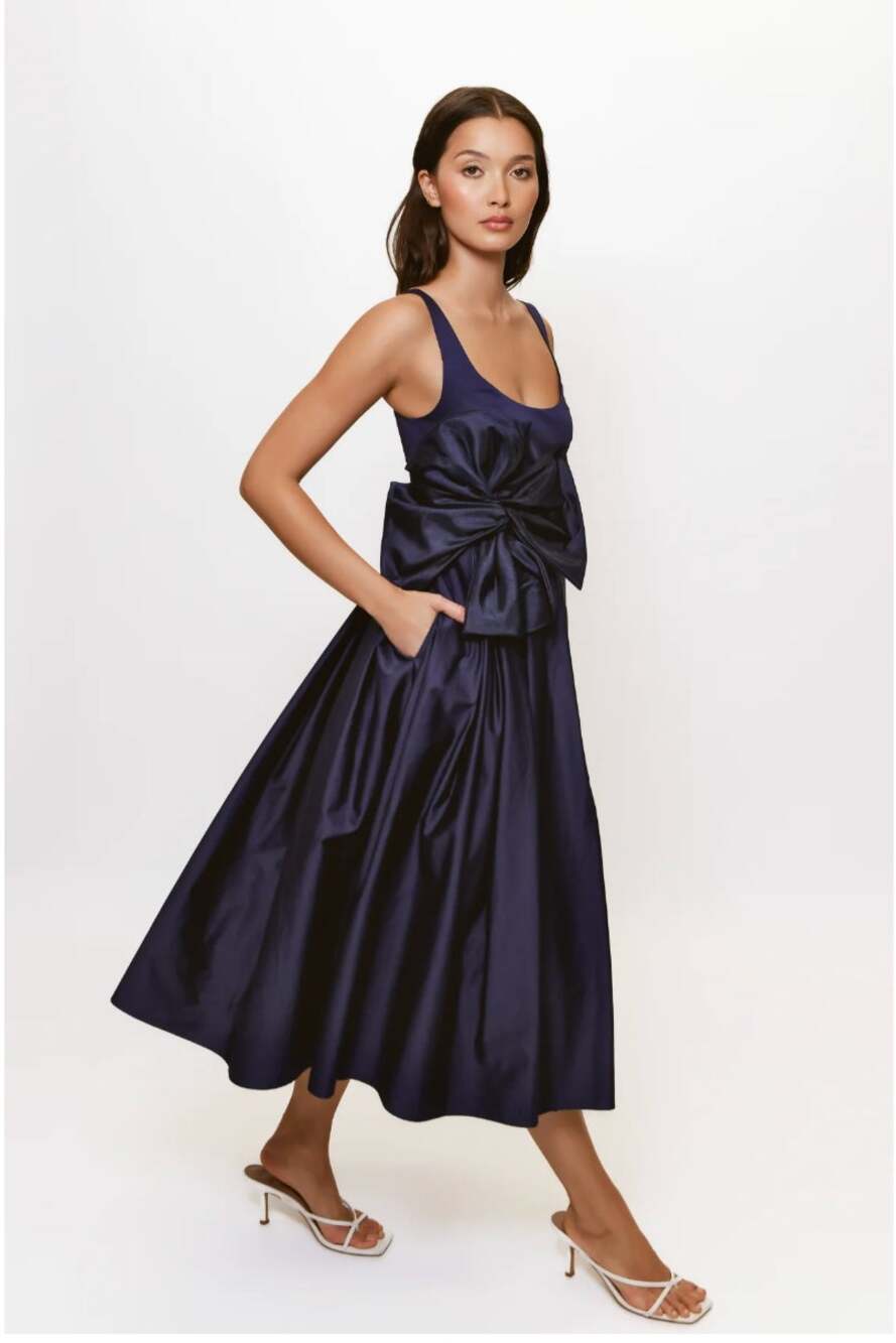 Hutch Paige Sleeveless A-Line Pleated Midi Dress Navy Blue Bow Smacked Size 10